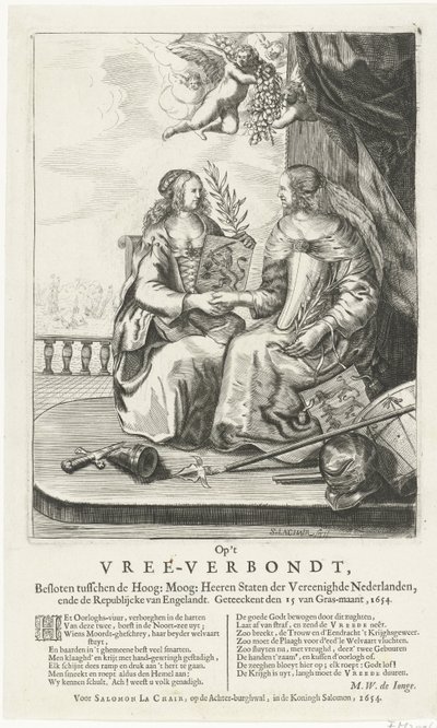 Frase para a paz de Westminster, 1654 No Vree-Verbondt, Fechado entre o Alto: Moog: Heeren Staten der Vereenighde Nederland, ende Republikcke van Englandt. Geteeckent den 15 van Gras-maant, 1654 (título no objeto) de Salomon Pietersz. Lachair