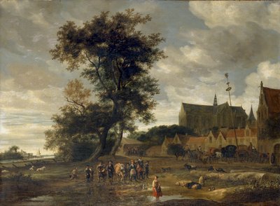 Cena antes de um mastro com a Igreja Alkmaar ao fundo, 1669 de Salomon Ruysdael