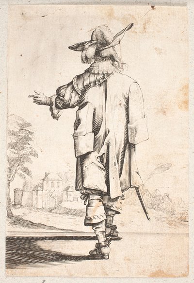 Cavalier visto de costas: Gestos com a mão esquerda. Usa capa e chapéu emplumado. Cidade murada e portão além de Salomon Savery