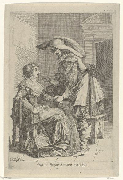 O homem oferece a uma mulher uma moeda Dats de Bruydt daermen om danst (título no objeto) de Salomon Savery