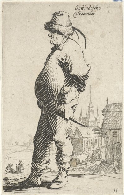 Homem de perfil, no fundo uma igreja e edifício com galeria
Oostindesche vroemoer (título sobre o objecto)
Vida dos camponeses (título da série) de Salomon Savery