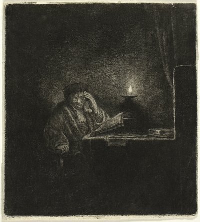 Estudante em uma mesa à luz de velas de Salomon Savery