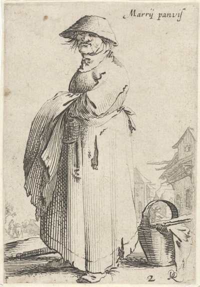 Mulher com um pano por cima do braço, atrás dela está um cesto no chão
Marrij panvis (título sobre o objecto)
Vida dos camponeses (título da série) de Salomon Savery