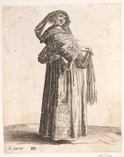 Mulher de pé no perfil direito. Cabeça virada para a frente. Usa lenço no cabelo de Salomon Savery