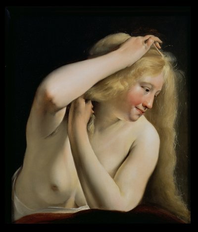 Mulher jovem, penteando, dela, cabelo de Salomon de Bray