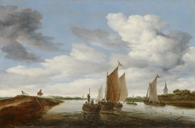 Paisagem de rio com barcos à vela e uma barcaça puxada por cavalos de Salomon van Ruisdael or Ruysdael