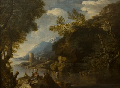 Paisagem com figuras e barcos, c.1635-73 (óleo sobre tela) de Salvator (follower of) Rosa