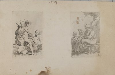 (Série Figurinhas) Homem ajoelhado com uma perna em cima de uma rocha de Salvator Rosa