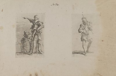 (Série Figurinhas) Dois homens, um apontando para a esquerda, outro ajoelhado de Salvator Rosa