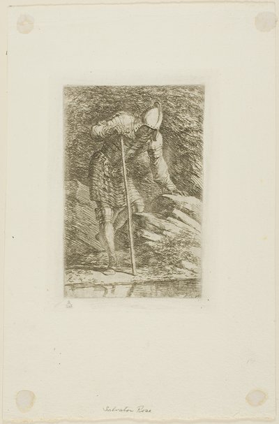 Um guerreiro em armadura completa em uma gruta de Salvator Rosa