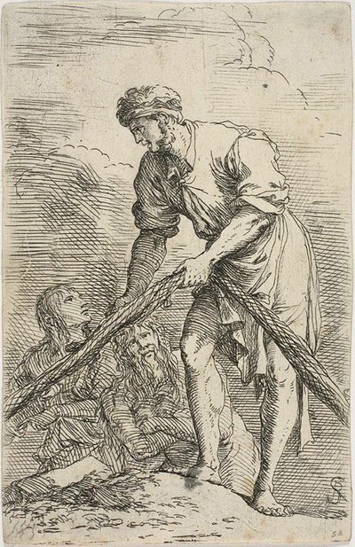 Um homem puxando uma rede, com duas figuras atrás dele, da série Figurine de Salvator Rosa