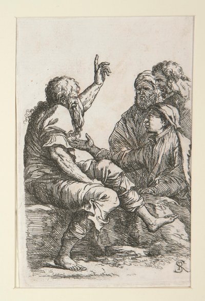 Um homem velho a falar com três homens de Salvator Rosa