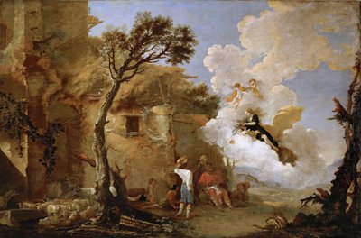 Astree (Astrape) quittant les bergers - The Return of Astraea, de Rosa, Salvatore (1615-1673). Óleo sobre tela, ca. 1640-1645. Dimensão : 139,5x209 cm. Museu de História de Arte, Vienne de Salvator Rosa