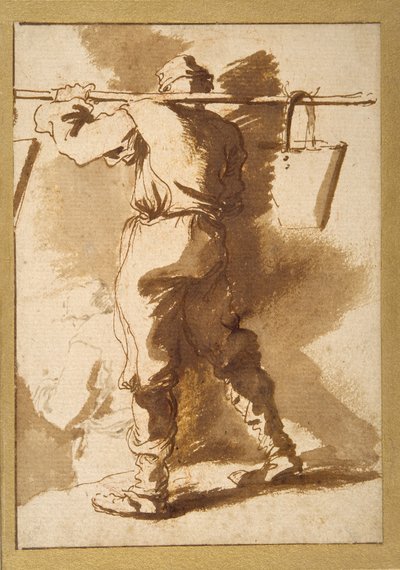 Vista traseira de um suporte de água, outra figura além dele (caneta e tinta com lavagem com giz sobre papel) de Salvator Rosa