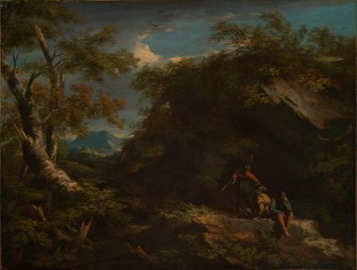 Paisagem florestal montanhosa com guerreiros em repouso de Salvator Rosa