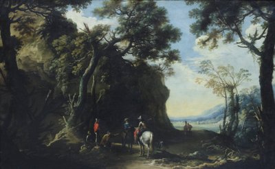 Paisagem com viajantes a perguntar o caminho, c.1641 (óleo sobre tela) de Salvator Rosa