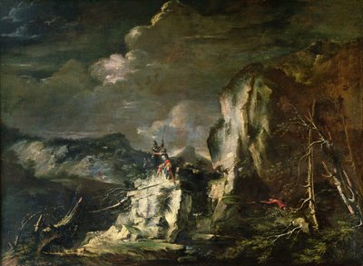 Paisagem rochosa com um caçador e guerreiros de Salvator Rosa