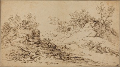 Paisagem rochosa com casa rústica de Salvator Rosa