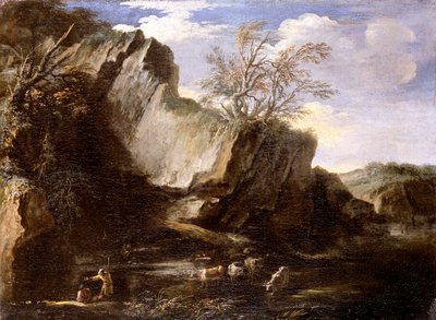 "Paisagem rochosa com pastores e gado", 1625-1673 de Salvator Rosa