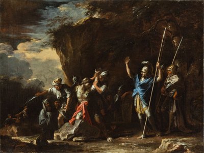 Cena da história grega: o filho surdo-mudo do rei Creso impede os persas de matarem o seu pai de Salvator Rosa