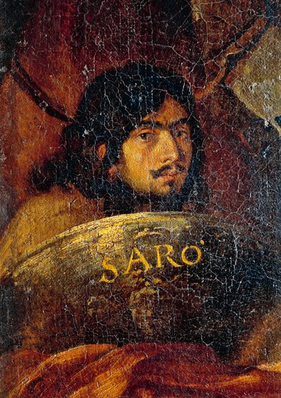 Auto-retrato do pintor, detalhe da Batalha entre cristãos e turcos, de Salvator Rosa (1613-1673), óleo sobre tela, 234x350 cm de Salvator Rosa