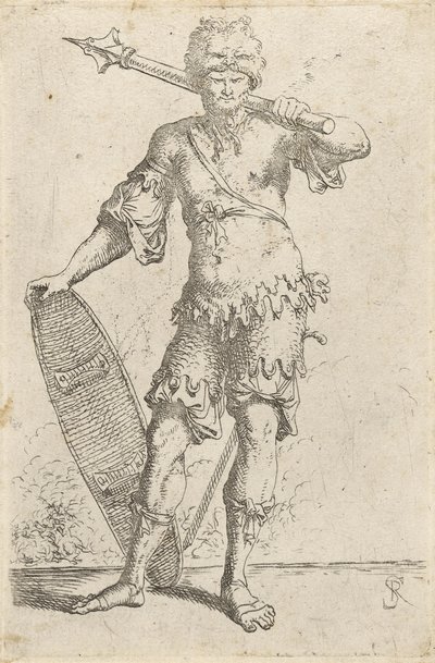 Guerreiro exótico permanente vestindo um boné de cabeça de leão, segurando um maça e escudo, c. 1656-57 (gravura em papel de Salvator Rosa