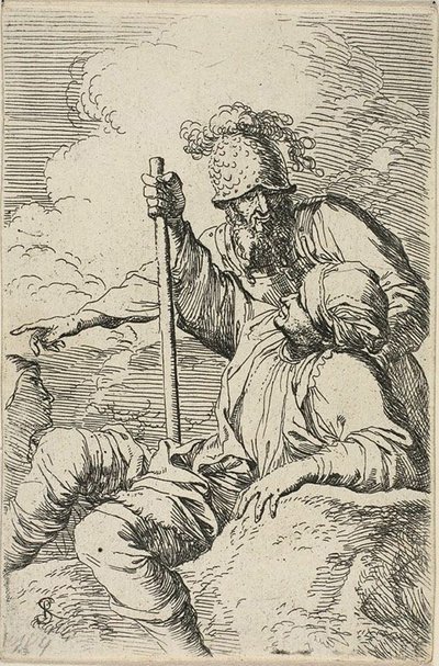 Três Guerreiros, um sentado em uma rocha em primeiro plano segurando um cajado; o segundo de pé atrás dele e apontando, o terceiro visto como um rosto atrás deles, da série Figurine de Salvator Rosa