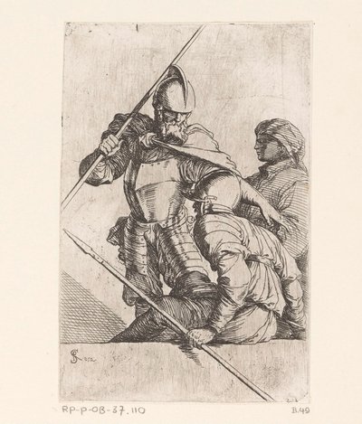 Dois soldados e uma figura com um turbante Pequenas figuras (título da série) Figurine (título da série) de Salvator Rosa