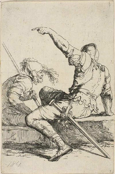 Dois guerreiros sentados em rochas baixas de Salvator Rosa