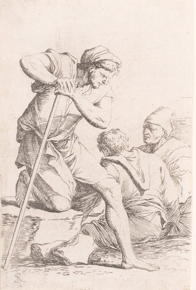 Dois homens sentados e outro homem segurando um cajado ajoelhado sobre uma rocha, da seri..., ca. 1656-1657. de Salvator Rosa
