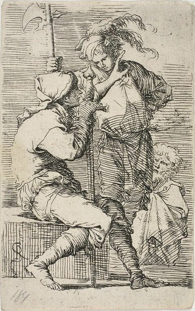Dois guerreiros, um segurando uma espada, o outro uma alabarda; um velho barbudo atrás deles, de Figurine de Salvator Rosa