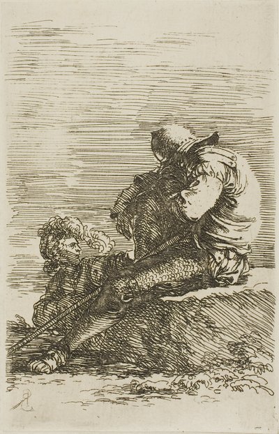 Dois guerreiros, um deles sentado a dormir numa rocha em primeiro plano, da série Figurinhas de Salvator Rosa