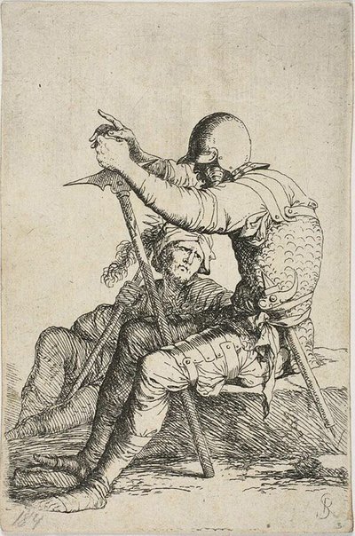 Dois guerreiros, um sentado em uma rocha baixa em primeiro plano e segurando um martelo de guerra; a outra figura sentada no chão atrás dele, segurando uma maça em seu ombro direito e olhando para a figura em primeiro plano, da série Figurine de Salvator Rosa