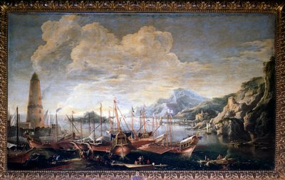 Vista de um porto - óleo sobre tela de Salvator Rosa