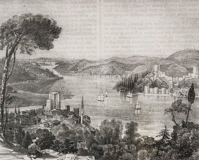 Castelos de Bósforo nas costas da Ásia e Europa, Turquia, litografia de Gaetano Riccio de Poliorama Pittoresco, n 18, 9 de Dezembro de Salvatore Puglia