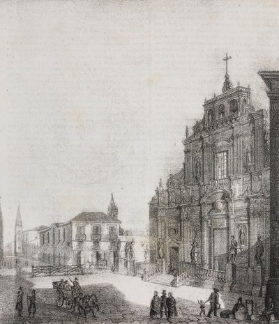 Fachada da Basílica de San Sebastiano em Acireale, Sicília, Itália, litografia de Salvatore Puglia de Poliorama Pittoresco, n 39, 3 de Maio de Salvatore Puglia
