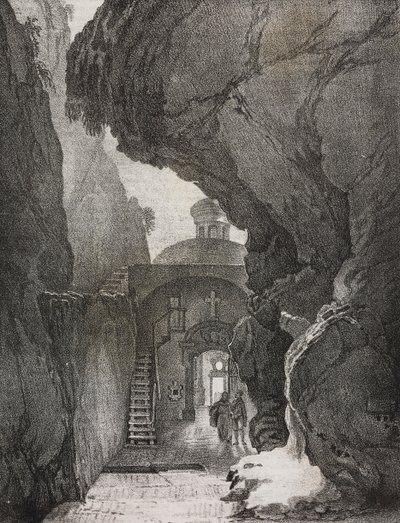 Santuário da Santíssima Trindade ou Santuário da Montanha Split, Gaeta, Lácio, Itália, litografia de Salvatore Puglia de Poliorama Pittoresco, n 43, 1 de Junho de Salvatore Puglia
