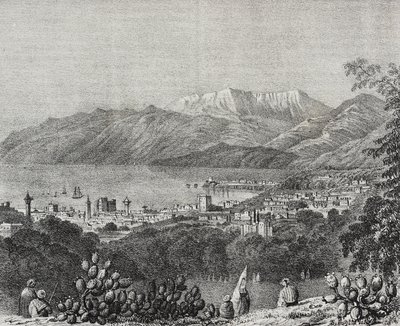 Vista da Serra de Beirute e do Monte Líbano, Líbano, litografia de Salvatore Puglia de Poliorama Pittoresco, n 8, 1 de Outubro de Salvatore Puglia