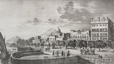 Vista do fórum Bourbon e do hotel Trinacria, Palermo, Sicília, Itália, litografia de Salvatore Puglia depois de gravada por Di Giovanni de Poliorama Pittoresco, n 37, 19 de Abril de Salvatore Puglia