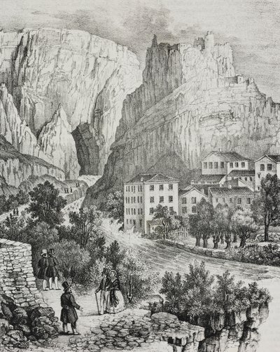Vista de Fontaine-de-Vaucluse, França, litografia de Sardi de Poliorama Pittoresco, n 51, 30 de Julho de Salvatore Puglia