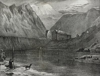 Vista do grande hospital de São Bernardo desde o lago, fronteira Itália-Suíça, litografia de Salvatore Puglia de Poliorama Pittoresco, n 9, 9 de Outubro de Salvatore Puglia