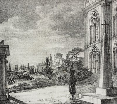 Vista do cemitério do convento gótico, Nápoles, Campânia, Itália, litografia de Salvatore Puglia de Poliorama Pittoresco, n 34, 1 de Abril de Salvatore Puglia