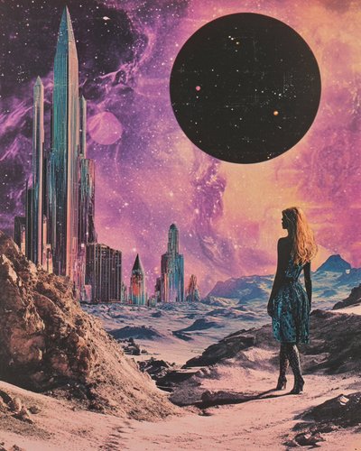 Mulher na paisagem urbana cósmica de Samantha Hearn