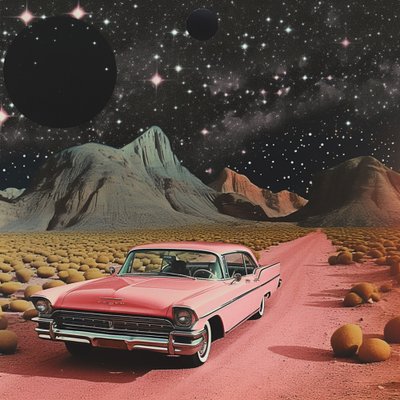 Carro Rosa no Deserto Cósmico de Samantha Hearn