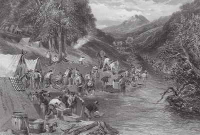 Austrália: Lavagem de ouro de aluvião (gravura) de Samuel (after) Prout
