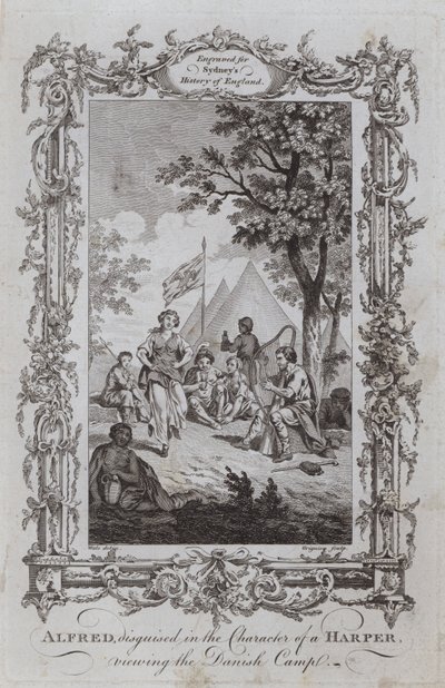 Alfred, disfarçado na personagem de um Harper, vendo o acampamento dinamarquês (gravura) de Samuel (after) Wale