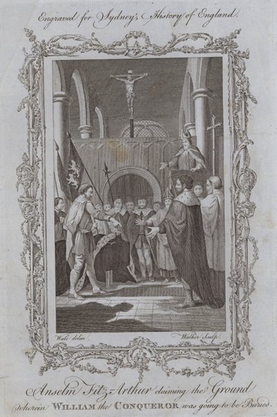Anselm Fitz-Arthur reivindicando o terreno onde Guilherme, o Conquistador, ia ser enterrado (gravação) de Samuel (after) Wale