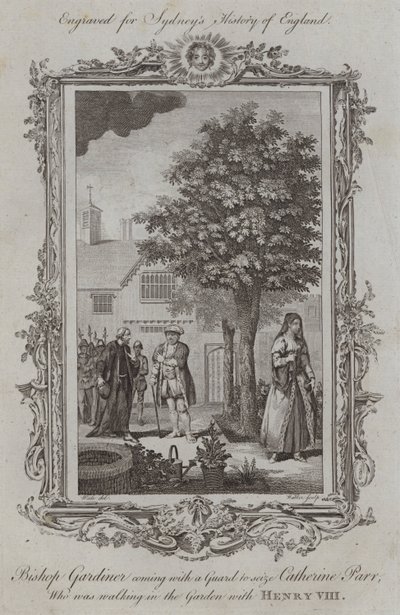 O Bispo Gardiner vem com uma Guarda para apanhar Catherine Parr, que caminhava no Jardim com Henrique VIII (gravura) de Samuel (after) Wale
