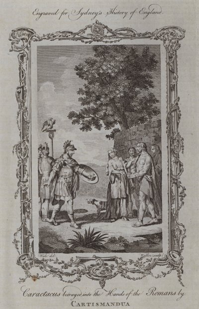 Caractacus traído nas Mãos dos Romanos por Cartismandua (gravura) de Samuel (after) Wale