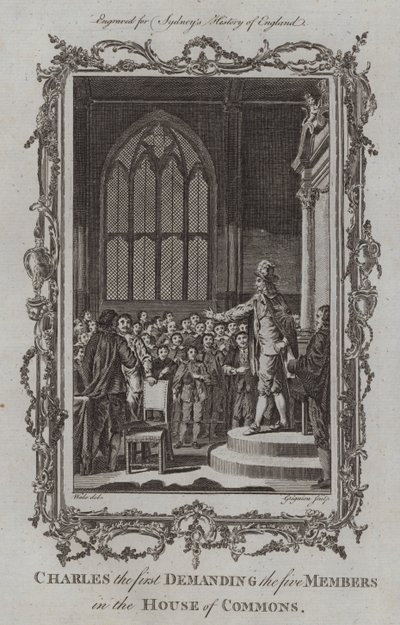 Charles, o primeiro a exigir os cinco membros da Câmara dos Comuns (gravura) de Samuel (after) Wale